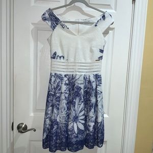 Rinascimento lace fit & flare dress Sz M Bardot neckline sheer waist Italy